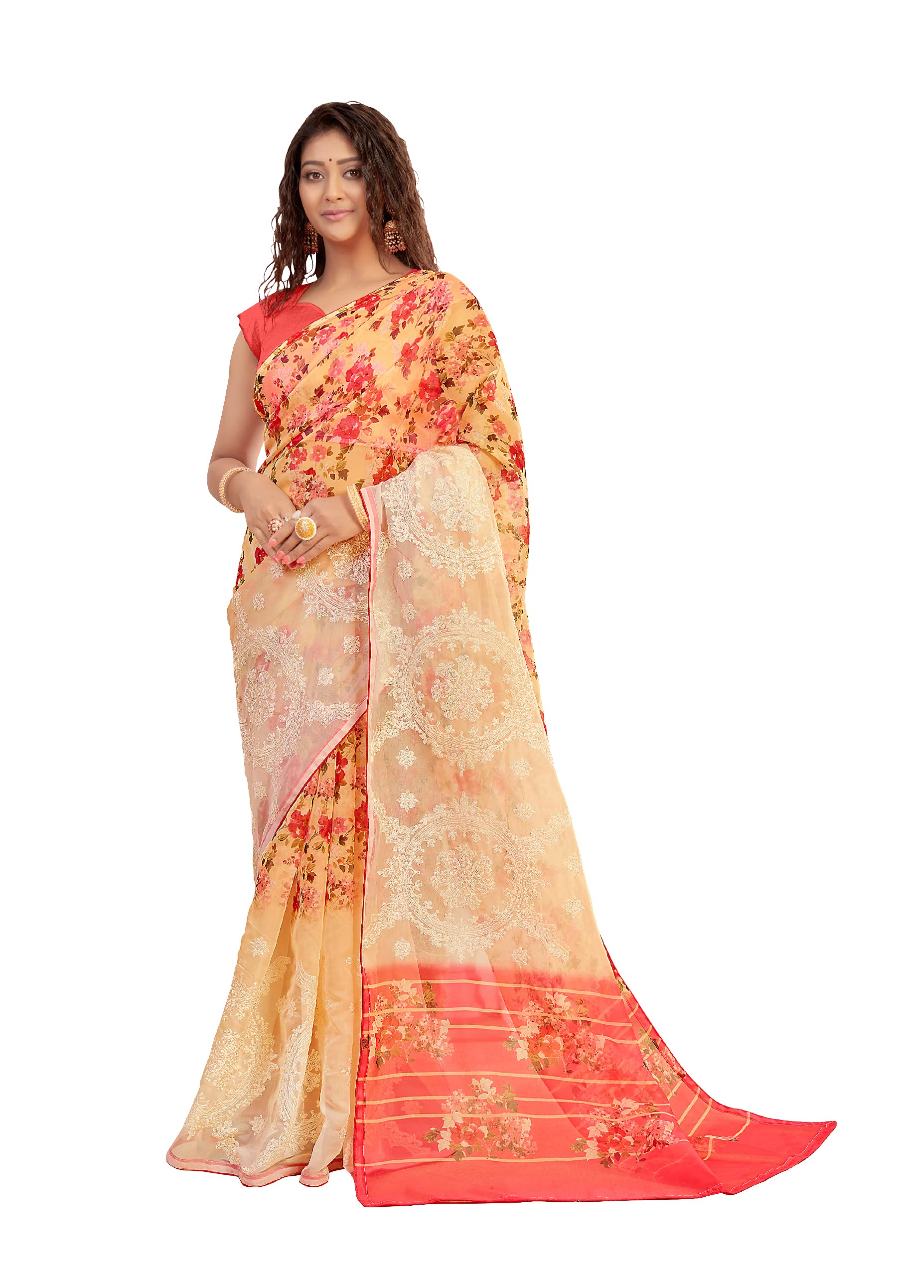 DRAVINAM Trends Women's Jacquard Organza Saree With Blouse Piece (NaaOr_6_Yellow And Peach)