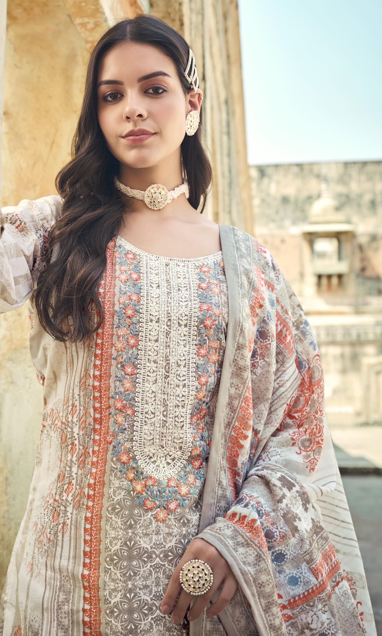 DRAVINAM Trends Women's Cotton Printed Thread Embroidery Work Unstitched Salwar Suit Dress Material With Dupatta (Grey, Unstitched Suit)