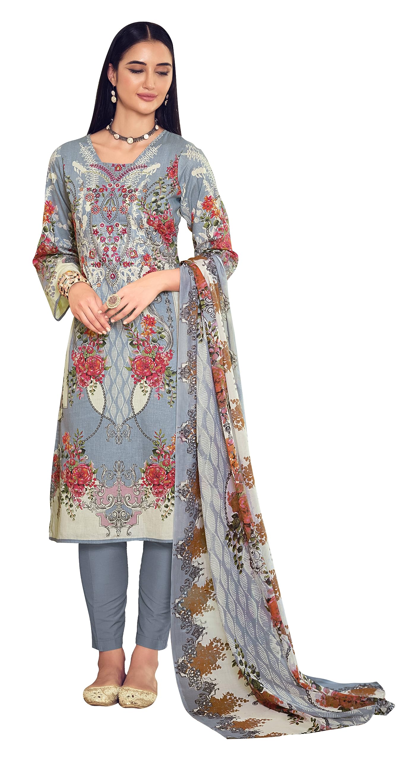 DRAVINAM Trends Unstitched Cotton Suit Pakistani Print Embroidered Dress Materials with Cotton Dupatta