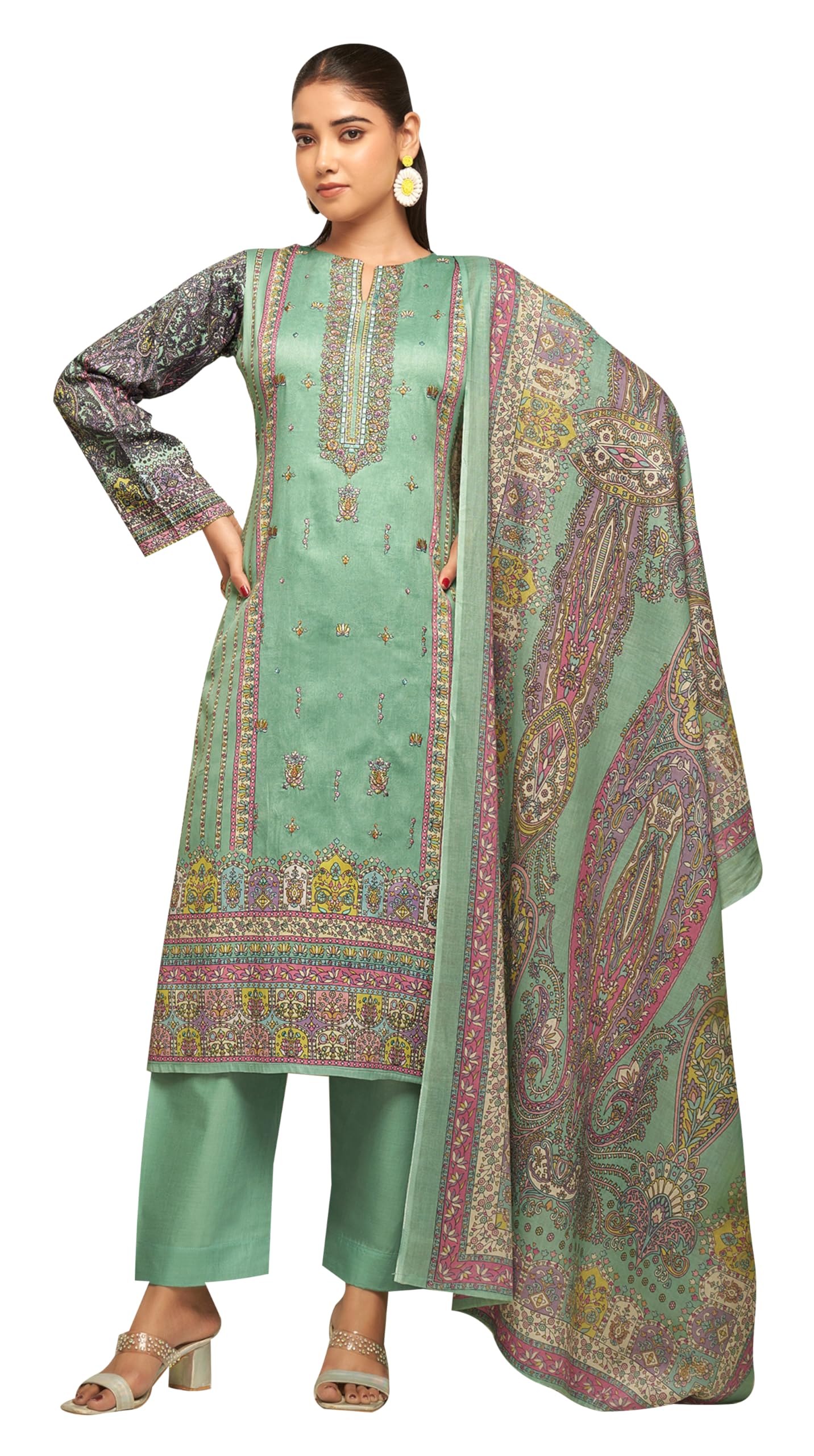 DRAVINAM Trends Women's Unstitched Cotton Salwar Suit Dress Material - Pure Jam Satin Digital Print Embroidered Kameez II Pure Cotton Bottoms II Lawn Cotton Dupatta