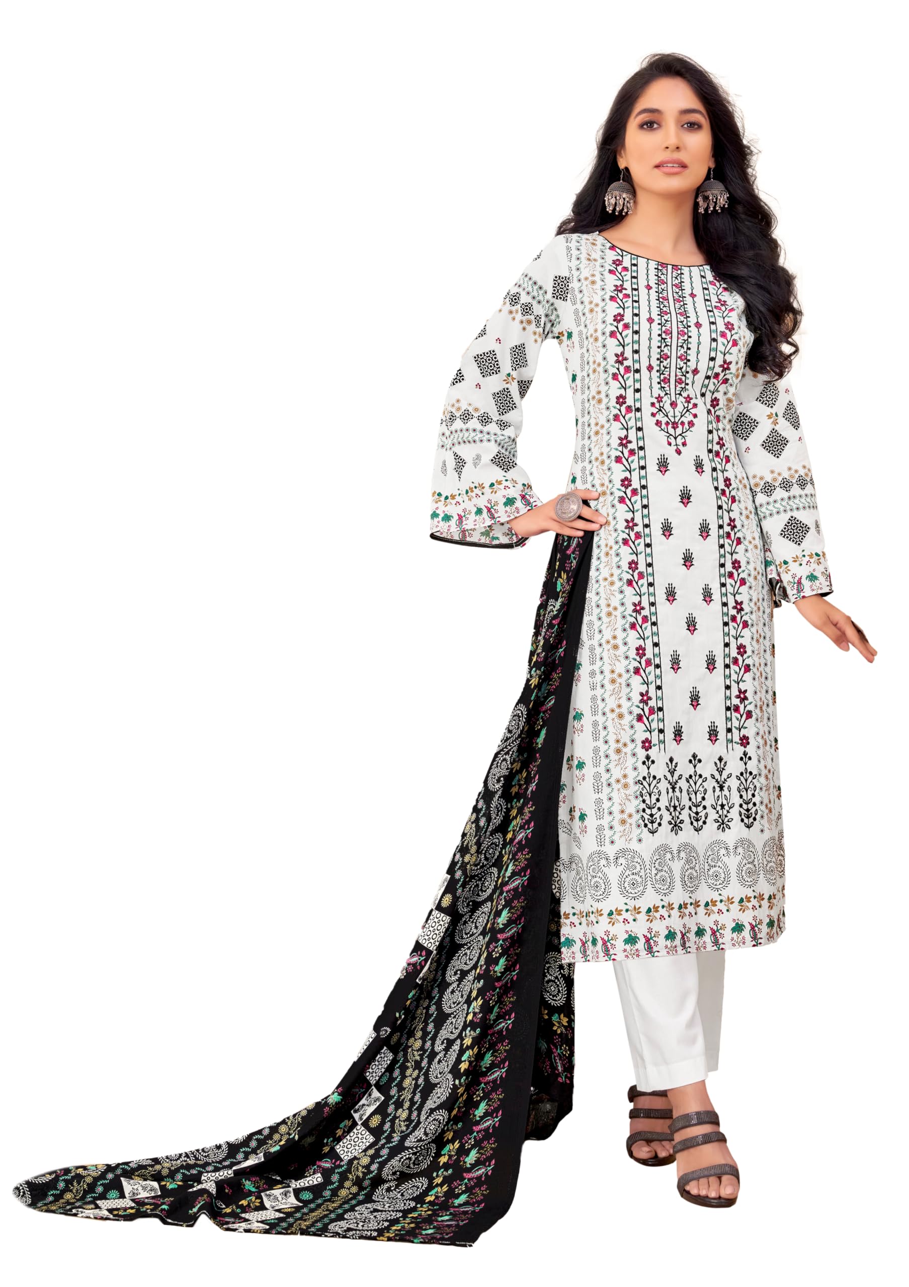 DRAVINAM Trends Women's Pakistani Print Embroidered Unstitcehd Pure Cambric Cotton Salwar Suit Dress Materials with Pure Cotton Printed Dupatta