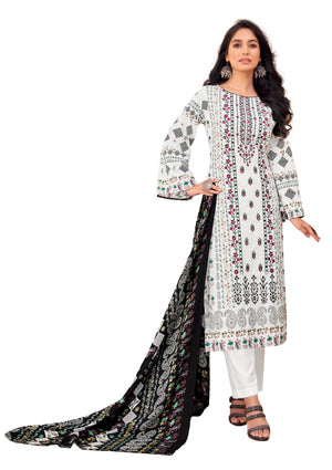 DRAVINAM Trends Women's Pakistani Print Embroidered Unstitcehd Pure Cambric Cotton Salwar Suit Dress Materials with Pure Cotton Printed Dupatta