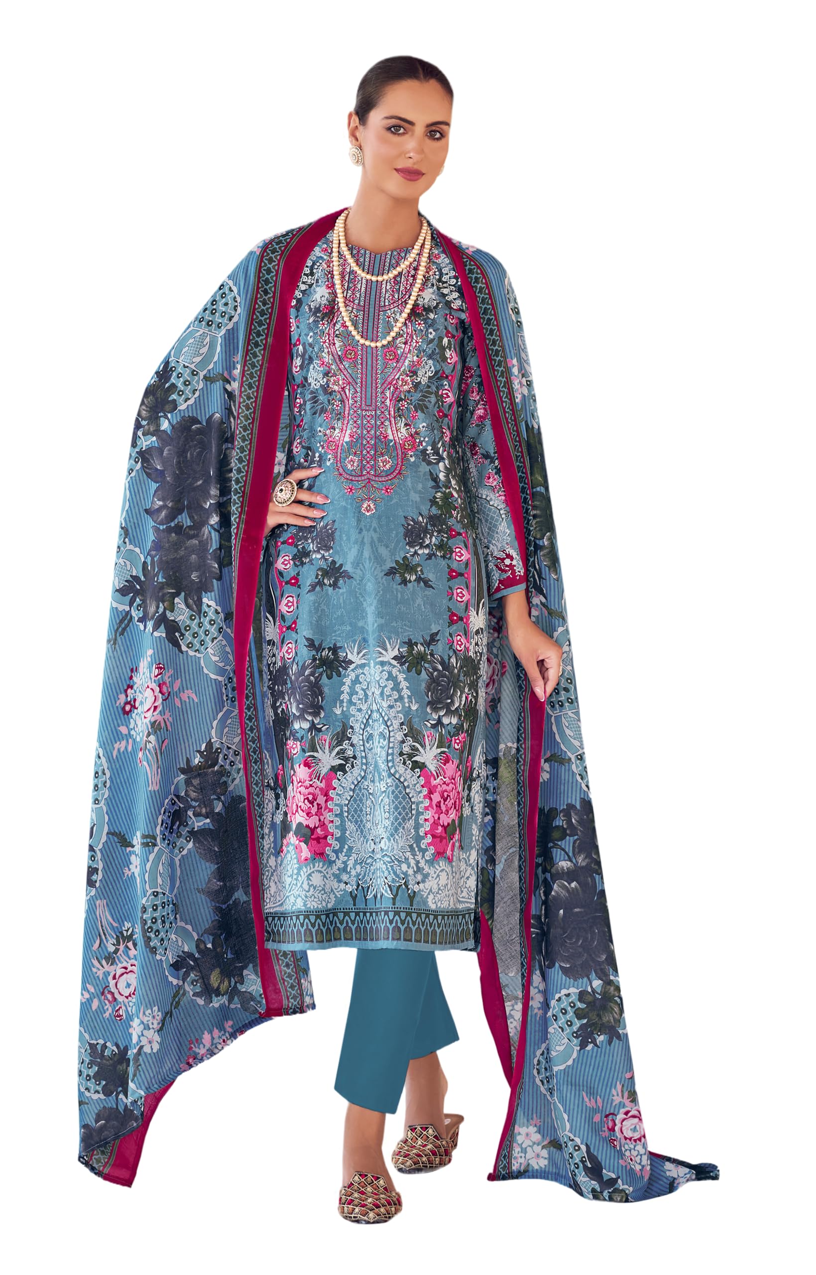 DRAVINAM Trends Unstitched Pakistani Embroidered Pure Cotton Salwar Suit Dress Materials with Cotton Dupatta