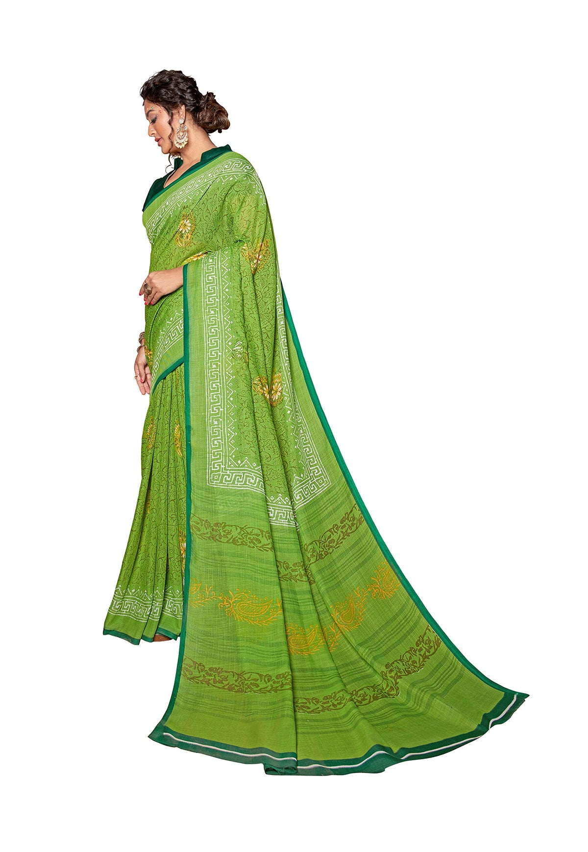 DRAVINAM Trends Women's Woven Pure Linen Cotton Handloom Printed Saree with Blouse Piece (Green)
