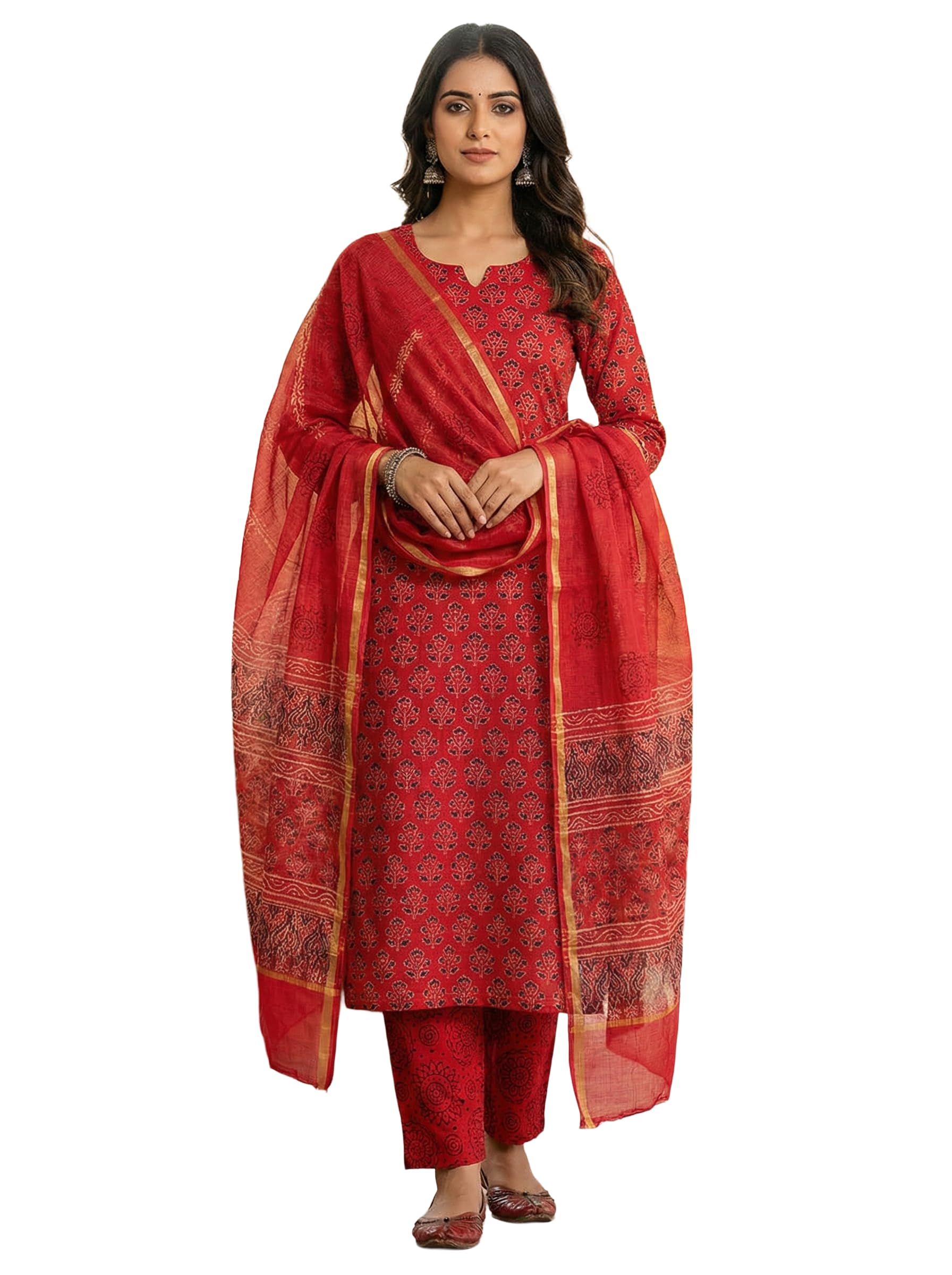 DRAVINAM Trends Sanganeri Hand Block Print Pure Cambric Unstitched Cotton Suit Dress Material with Kota Doriya Hand Printed Dupatta