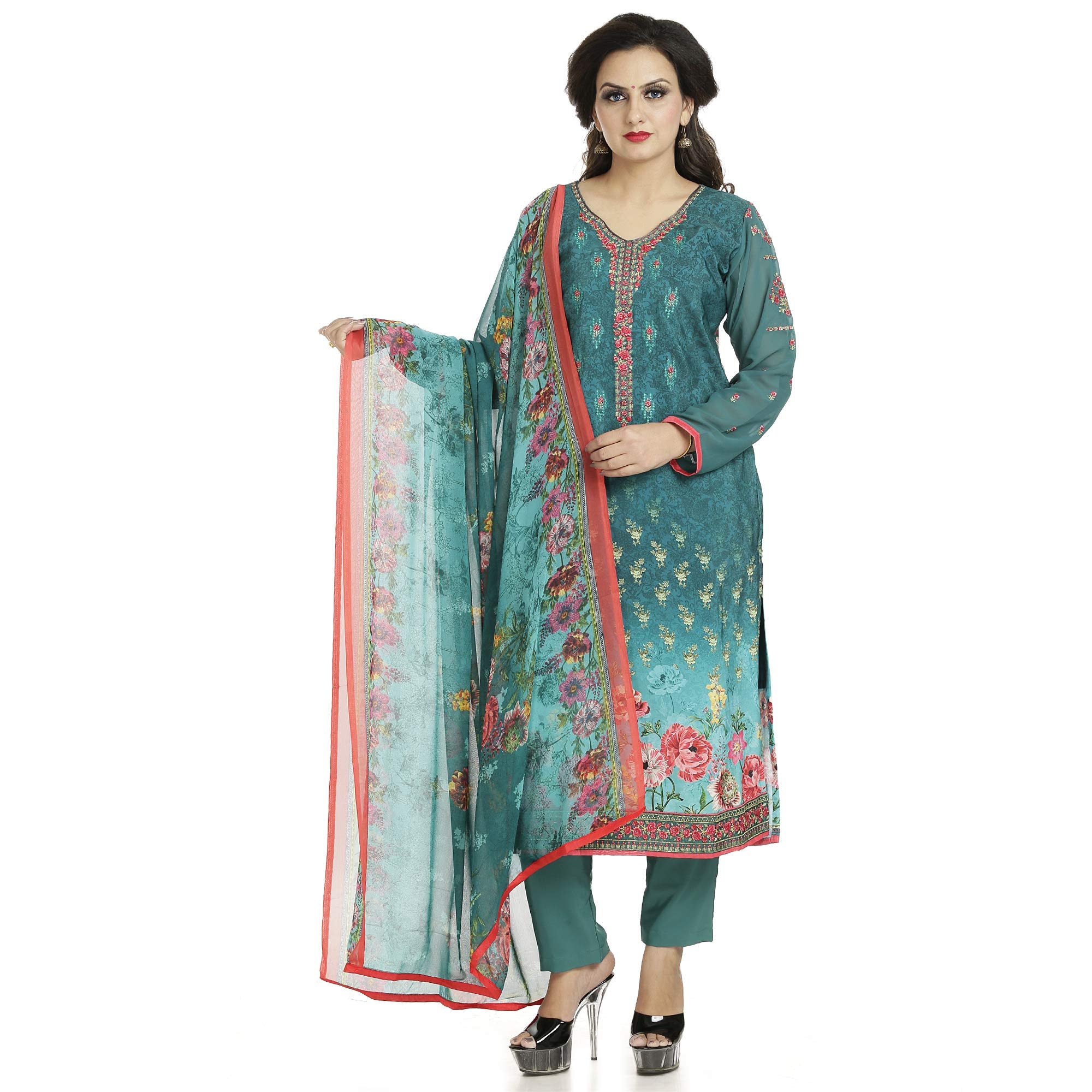 DRAVINAM Trends Women's Embroidered Pure Crepe Floral Printed Salwar Suit Dress Material with Printed Georgette Dupatta (Unstitched)