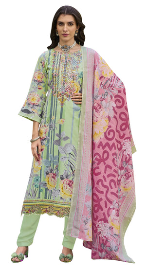 DRAVINAM Trends Women's Pure Cotton Digital Printed Suit with Exclusive Heavy Self-Embroidery Neck & Organza Daman Embroidery | Mal Mal Cotton Printed Dupatta & Bottom – Ready to Wear (OLIVE, XXL)