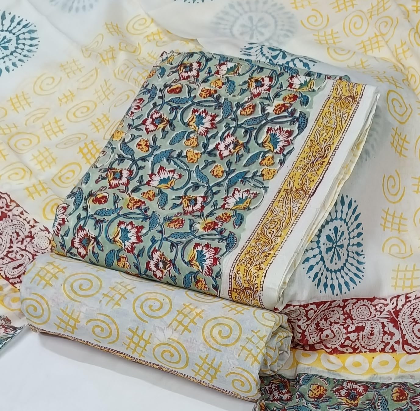 DRAVINAM Trends Hand Block Print Sanganeri Cambric Unstitched Cotton Suit Dress Material for Women with Mulmul Cotton Hand Printed Dupatta
