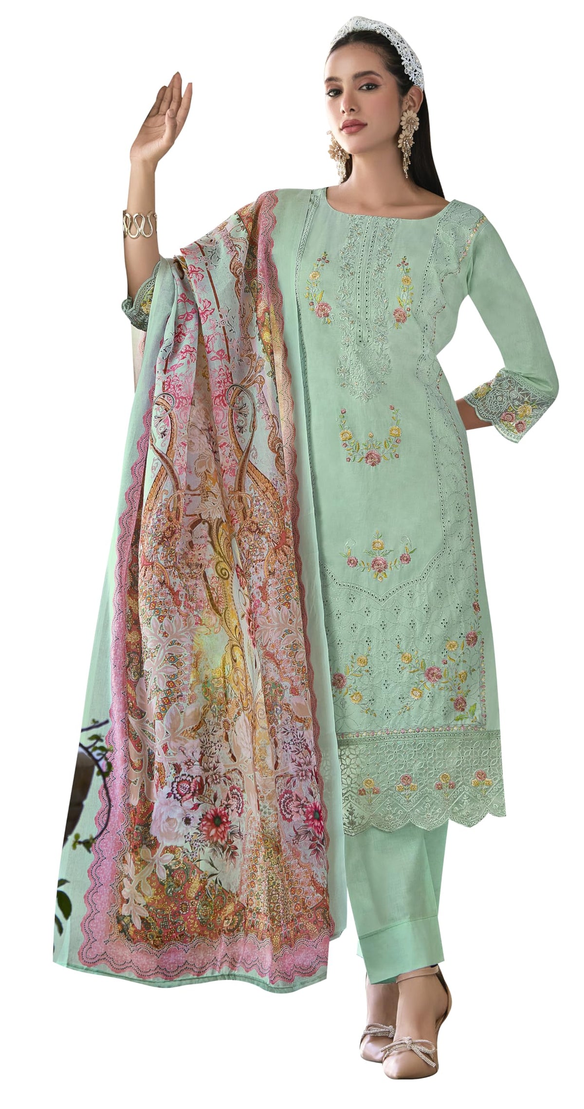 DRAVINAM Trends Women's Unstitched Lawn Cotton Karachi Embroidered Suit Material - Lawn Cotton Heavy Karachi Embroidered Shirt with Heavy Daman Work II Cotton Bottoms II Cotton Digital Printed Dupatta