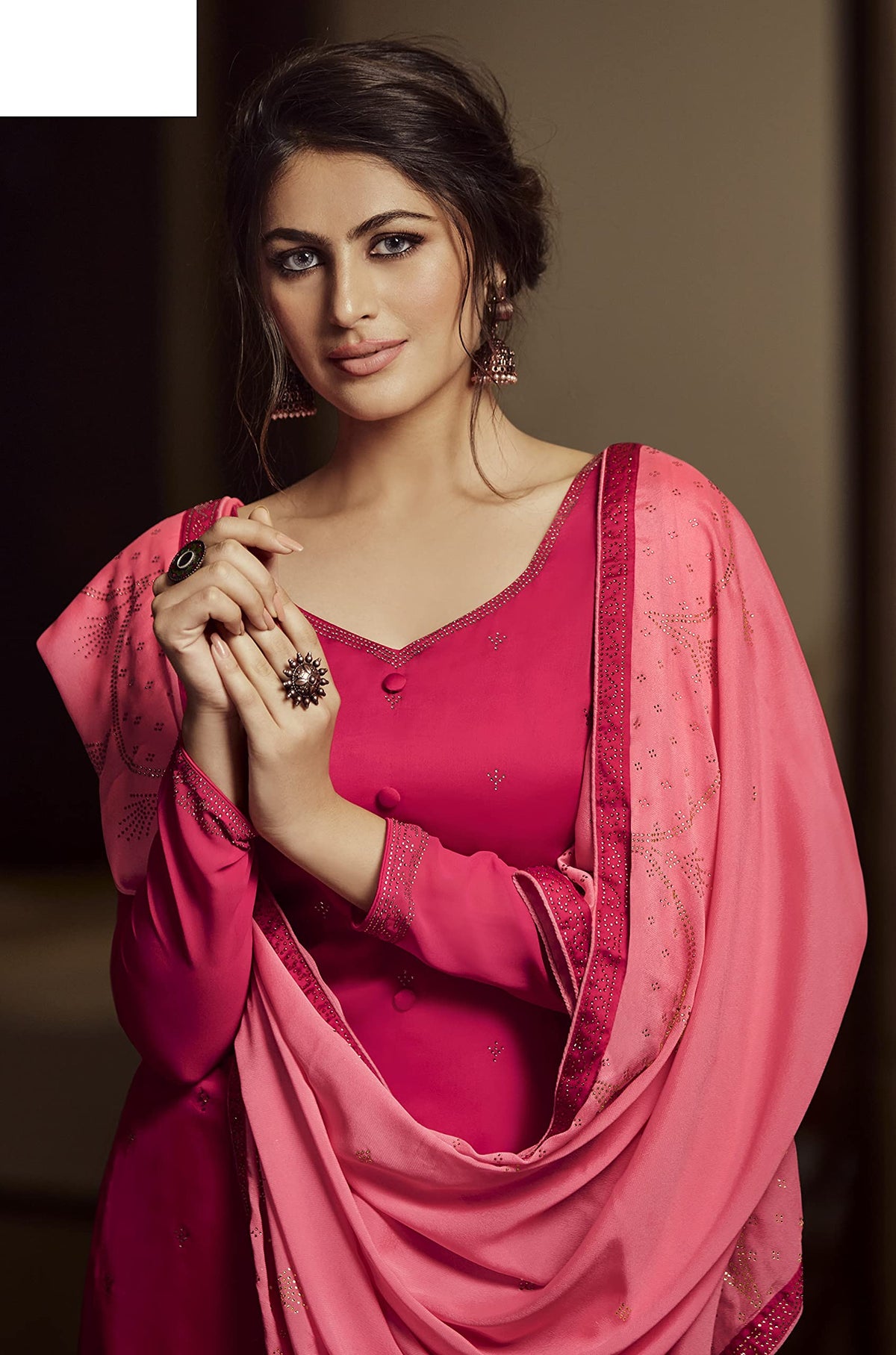 DRAVINAM Trends Women's Siroski Work Satin Georgette Palazzo Style Suit Dress Material with Heavy Pure Georgette Swaroski work Dupatta (Free size_Dark Pink and Light Pink)
