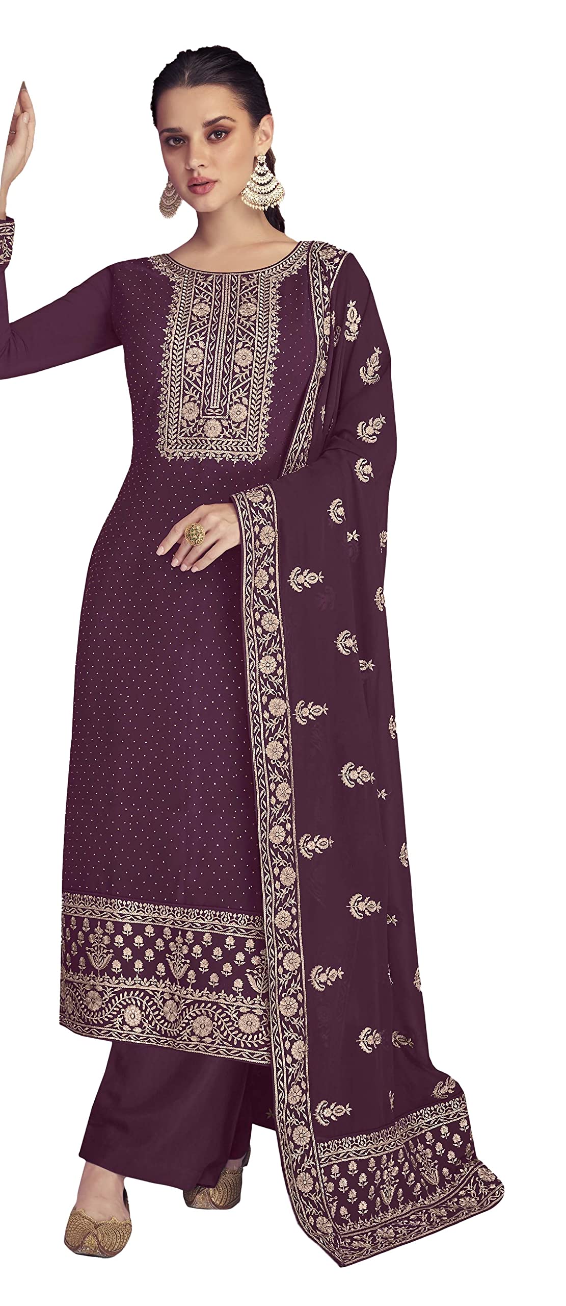 DRAVINAM Trends Women Real Georgette Heavy Zari Embroidered Pure Georgette Unstitched Suit Dress Material with Real Georgette Embroidered Heavy Dupatta (Wine)