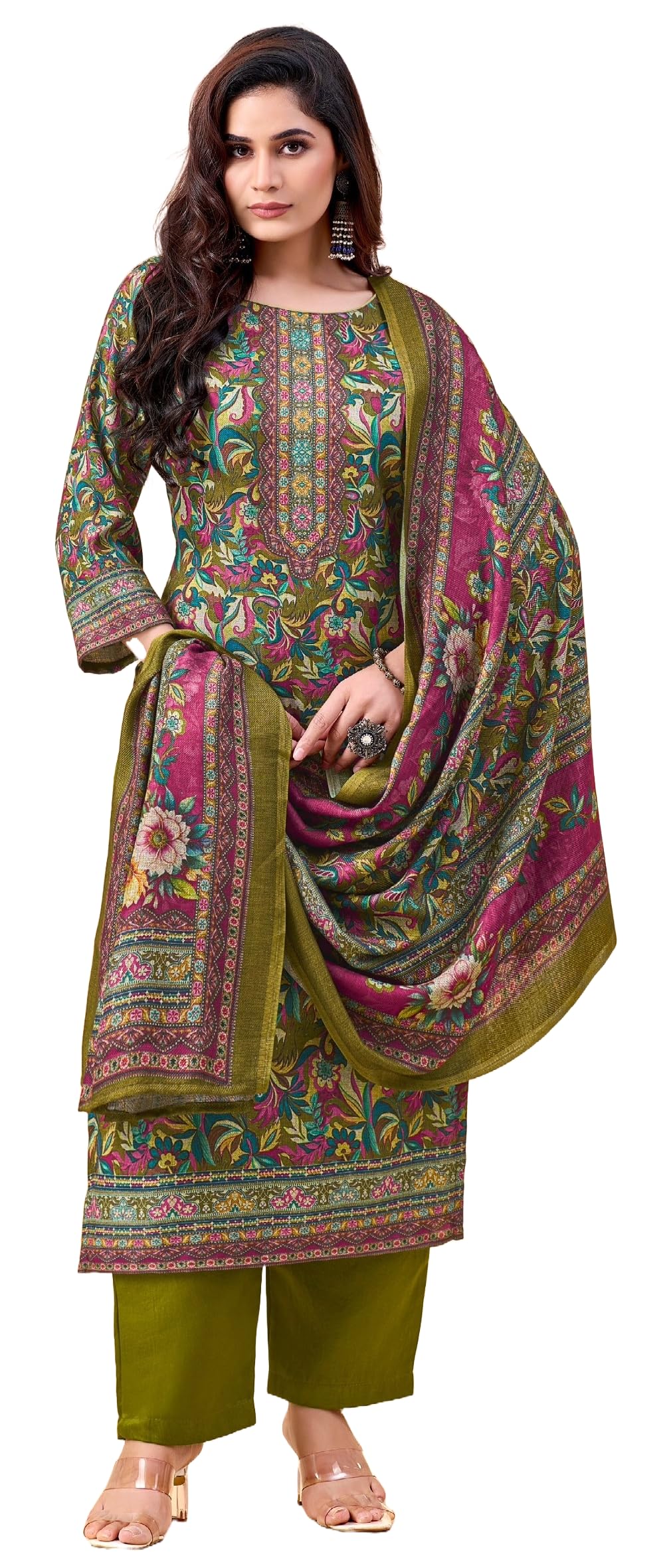 DRAVINAM Trends Women's Unstitched Winter Wear Swaroski Work Kashmiri Floral Digital Printed Heavy Woolen Pashmina Salwar Suit Dress Material with Printed Shawl Dupatta