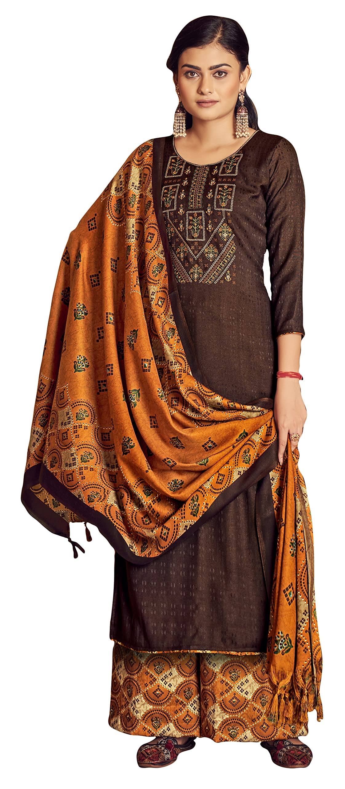 DRAVINAM Trends Women's Pure Wool Pashmina Embroidered Unstitched Palazzo/Pant/Salwar Suit with Pashmina wool Shawl Dupatta/Chunni for/Office Wear/Casual/Winter wear (Green)