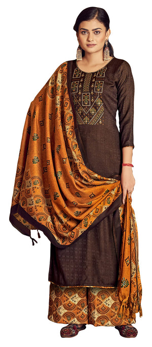 DRAVINAM Trends Women's Pure Wool Pashmina Embroidered Unstitched Palazzo/Pant/Salwar Suit with Pashmina wool Shawl Dupatta/Chunni for/Office Wear/Casual/Winter wear (Green)