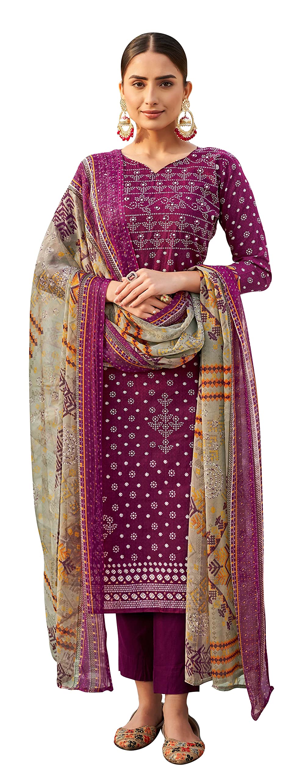DRAVINAM Trends Women's Unstitched Salwar Suit Dress Material - Pure Cotton Print with Mirror Work Kameez | Plain Bottom |Chiffon Print Dupatta