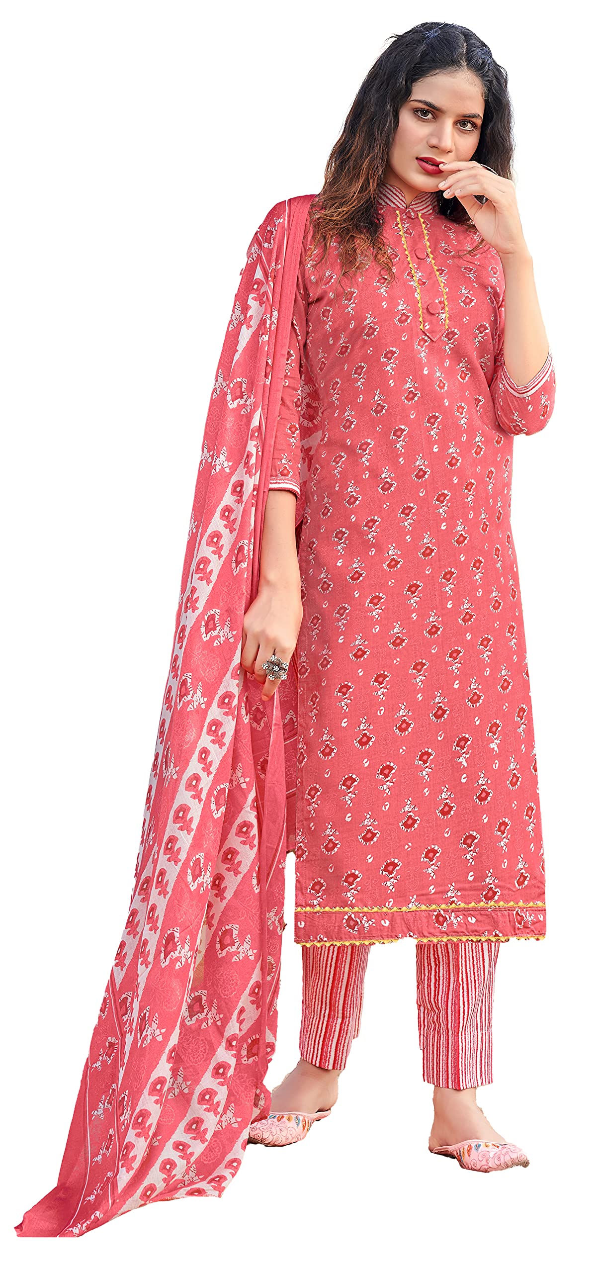 DRAVINAM Trends Women's Pure Cotton Batik Printed Unstitiched Salwar Suit Dress Material with Cotton Printed Dupatta (Peach Pink)