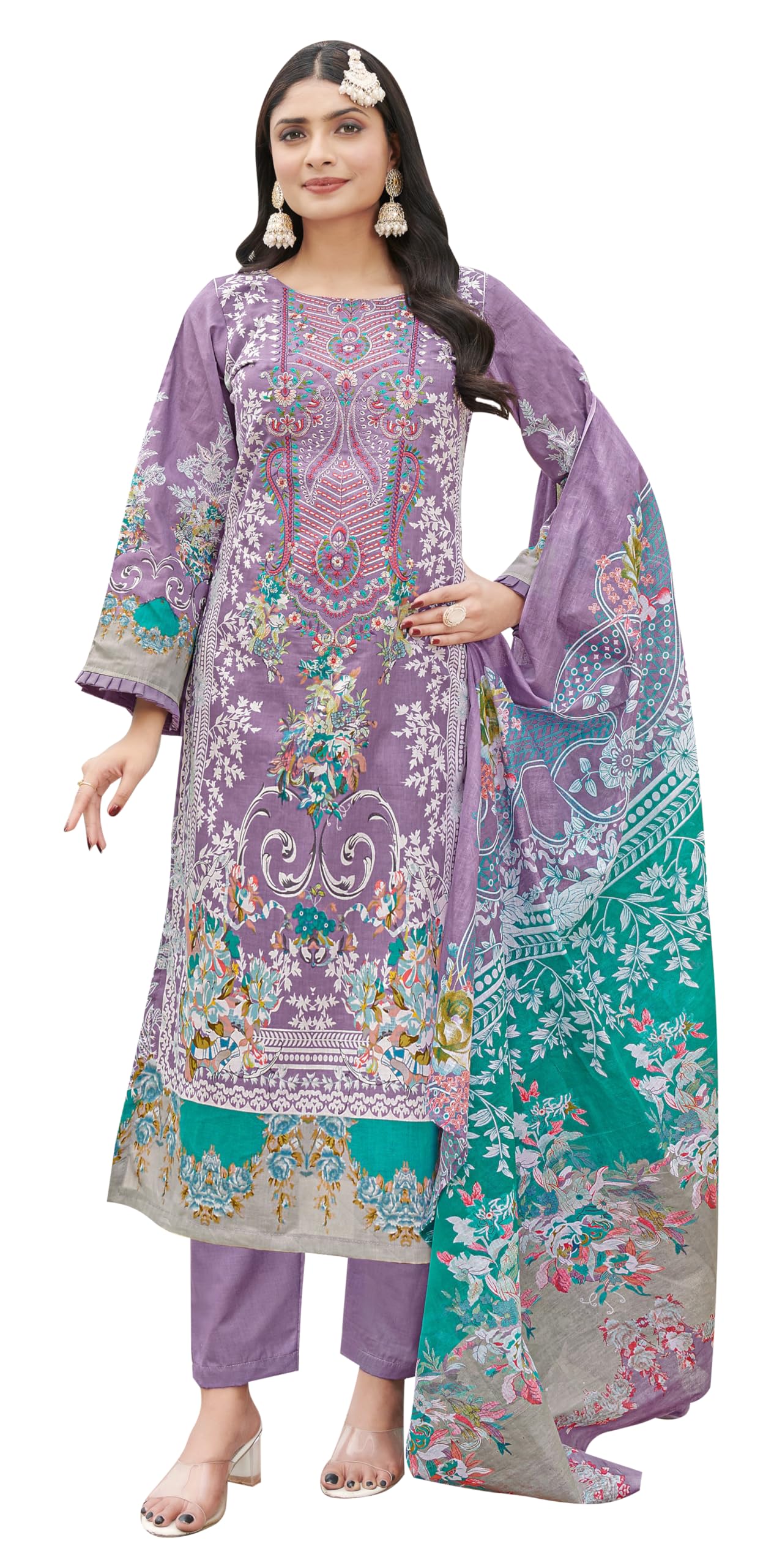 DRAVINAM Trends Unstitched Suit Material Karachi Lawn Cotton Pakistani Digital Printed Embroidered Kameez with Unstitched Bottoms and Cotton Dupatta