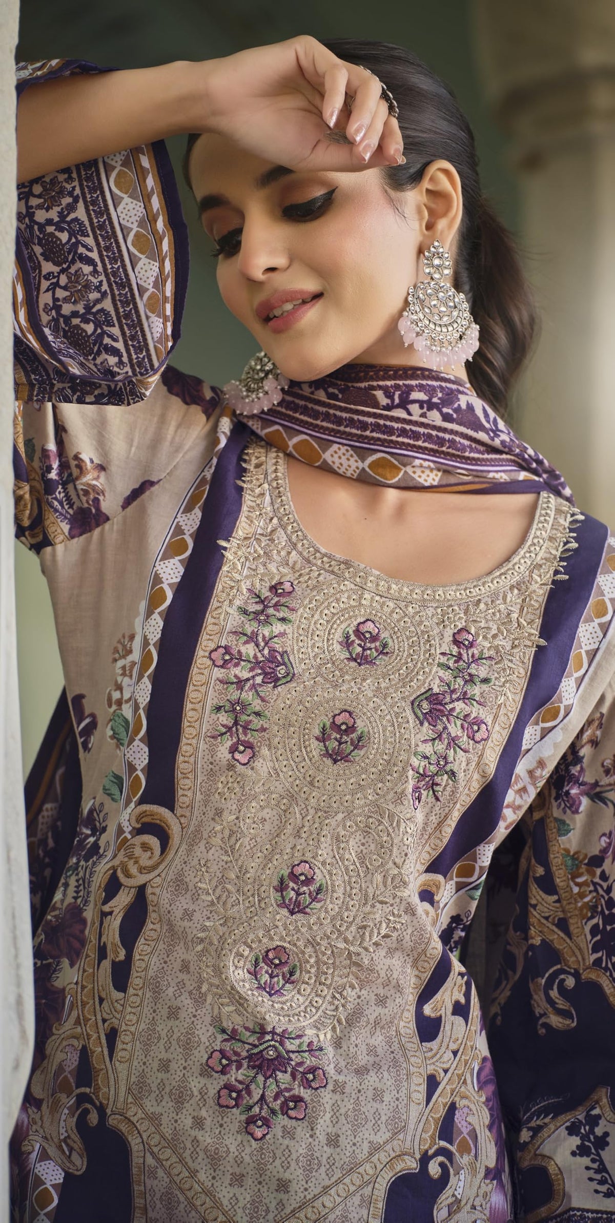 DRAVINAM Trends Women's Stitched Digital Style Print Embroidered Pure Cotton Kurta Pant Suit Set II Solid Pants II Printed Malmal Dupatta (XL / 42)