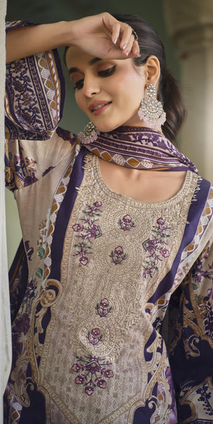 DRAVINAM Trends Women's Stitched Digital Style Print Embroidered Pure Cotton Kurta Pant Suit Set II Solid Pants II Printed Malmal Dupatta (XL / 42)
