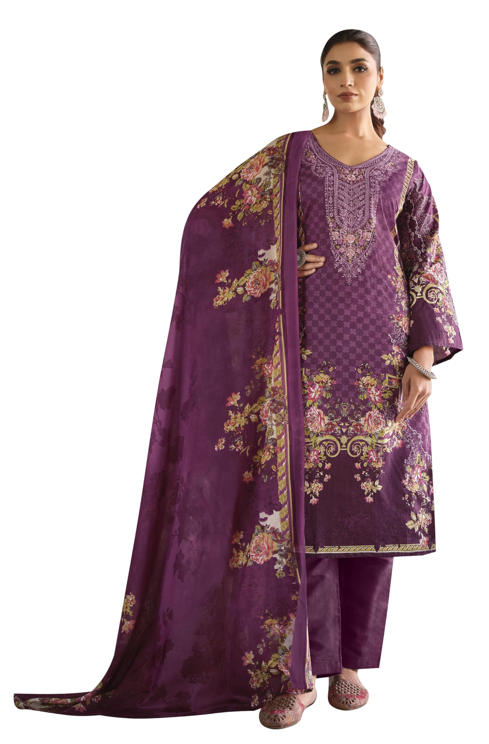DRAVINAM Trends Women's Stitched Digital Style Print Embroidered Pure Cotton Kurta Pant Suit Set II Solid Pants II Printed Malmal Dupatta (XL / 42)
