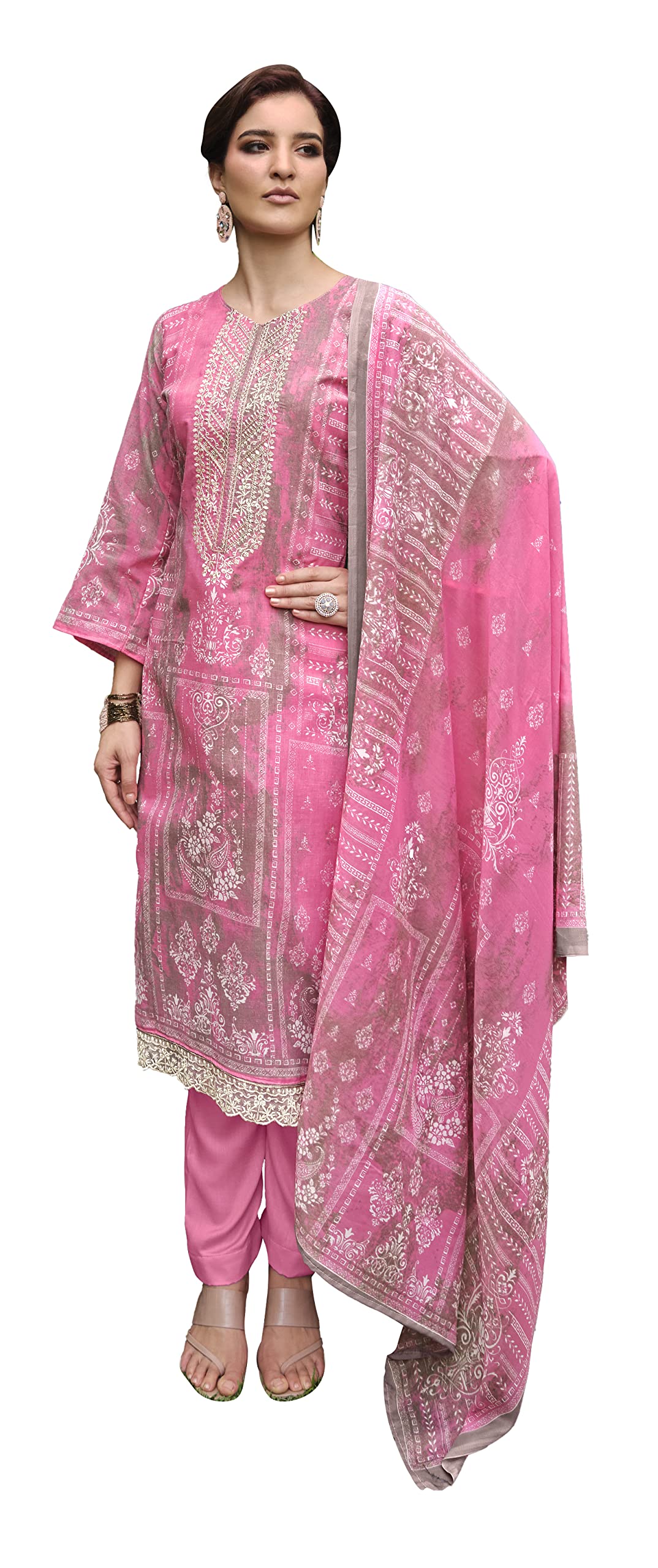 DRAVINAM Trends Unstitched Printed Embroidered Lace Work Cotton Salwar Suits Dress Material with Cotton Dupatta
