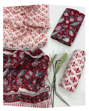 Hand Block Print Sanganeri Cambric Unstitched Cotton Suit Dress Material for Women with Mulmul Cotton Hand Printed Dupatta