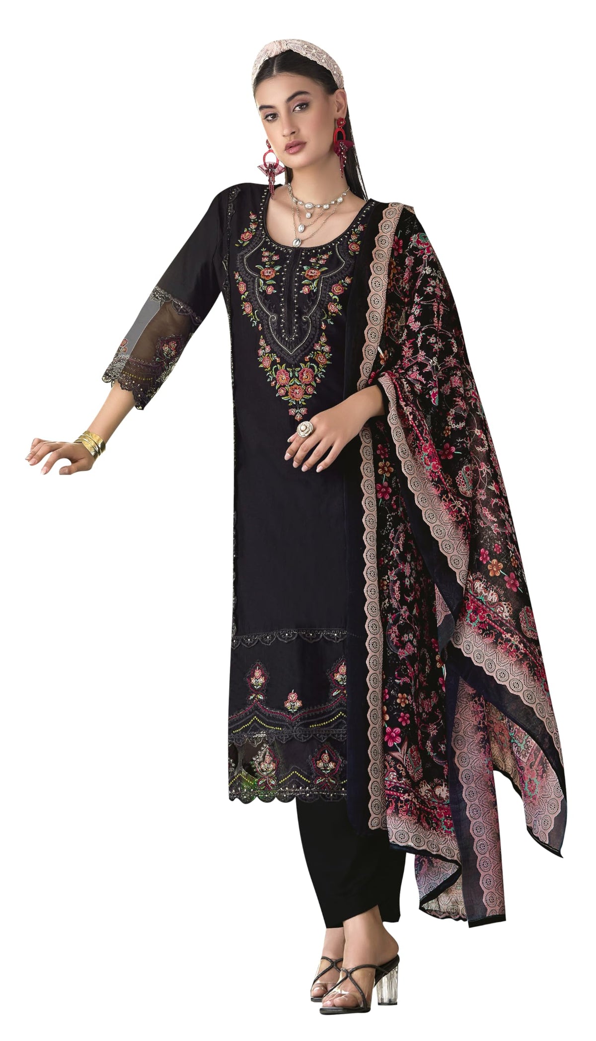 DRAVINAM Trends Women's Unstitched Lawn Cotton Karachi Embroidered Suit Material - Lawn Cotton Heavy Karachi Embroidered Shirt with Heavy Daman Work II Cotton Bottoms II Cotton Digital Printed Dupatta