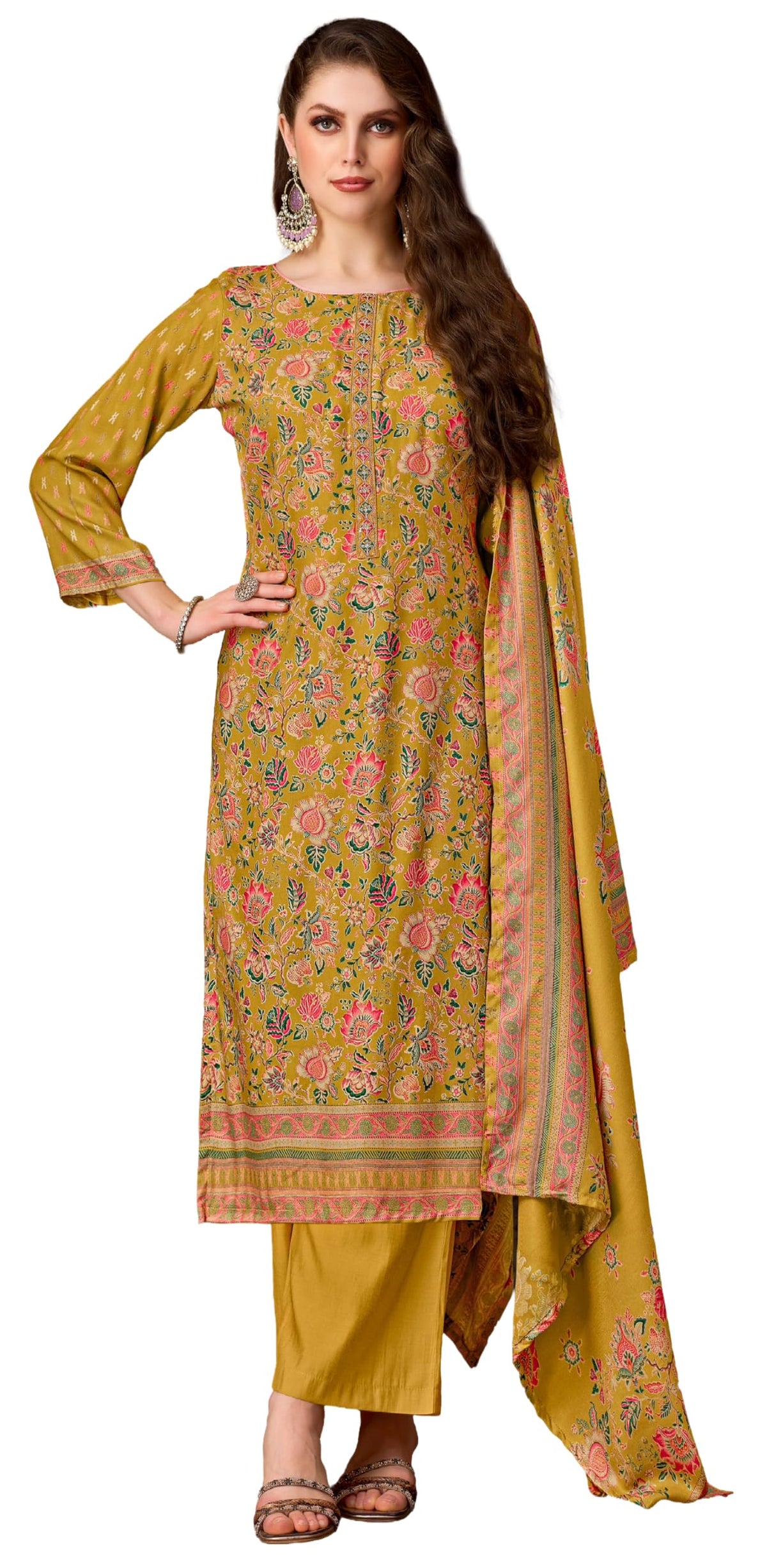 DRAVINAM Trends Women's Winter Wear Unstitched Discharge Print Hand Work Neck Embroidered Woollen Viscose Pashmina Salwar Suit Dress Material with Pashmina Printed Shawl Dupatta
