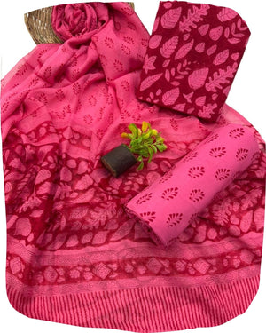 DRAVINAM Trends Hand Block Print Cambric Cotton Unstitched Salwar Suit Set for Women with Pure Chiffon Hand Printed Dupatta