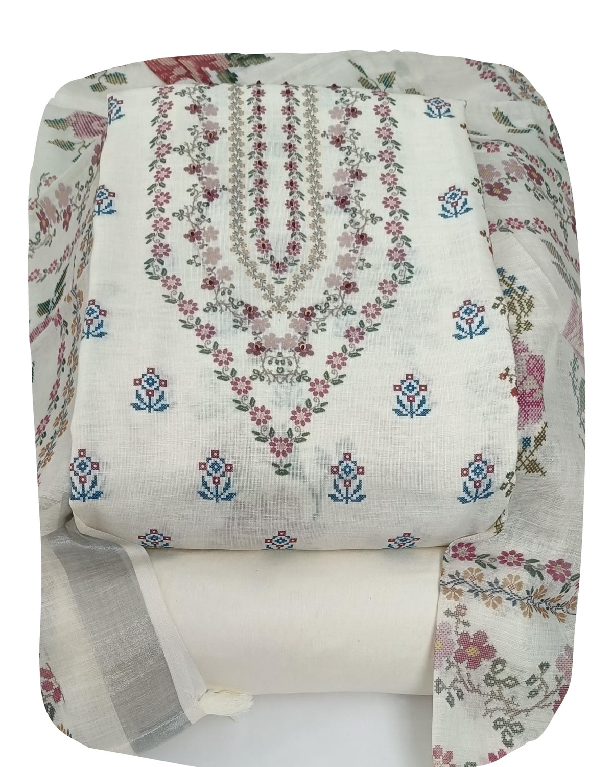 DRAVINAM Trends Women's Linen Cross-Stitch Floral Print Unstitched Salwar Suit Dress Material with Malai Cotton Bottom & Linen Dupatta