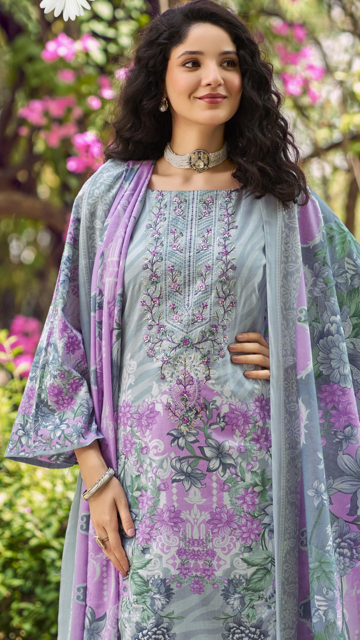 DRAVINAM Trends Women's Pure Cotton Digital Printed Suit with Exclusive Heavy Self-Embroidery Neck & Organza Daman Embroidery | Mal Mal Cotton Printed Dupatta & Bottom – Ready to Wear (OLIVE, XXL)