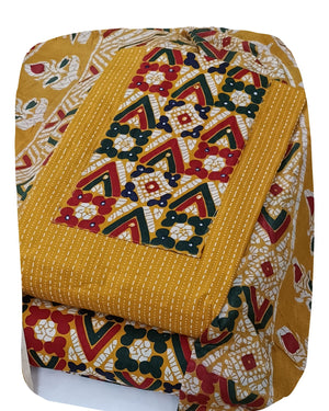 DRAVINAM Trends Women's Unstitched Cambric Cotton Dress Material Salwar Suit Set with Dupatta | Geometric Batik Print & Embellished Neckline (Multicolor)
