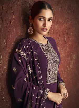DRAVINAM Trends Women's Pure Georgette Zari Embroidered Palazo Suit Dress Material with Jari Embroidered Georgette Dupatta (Free Size_Bottle Falsa)