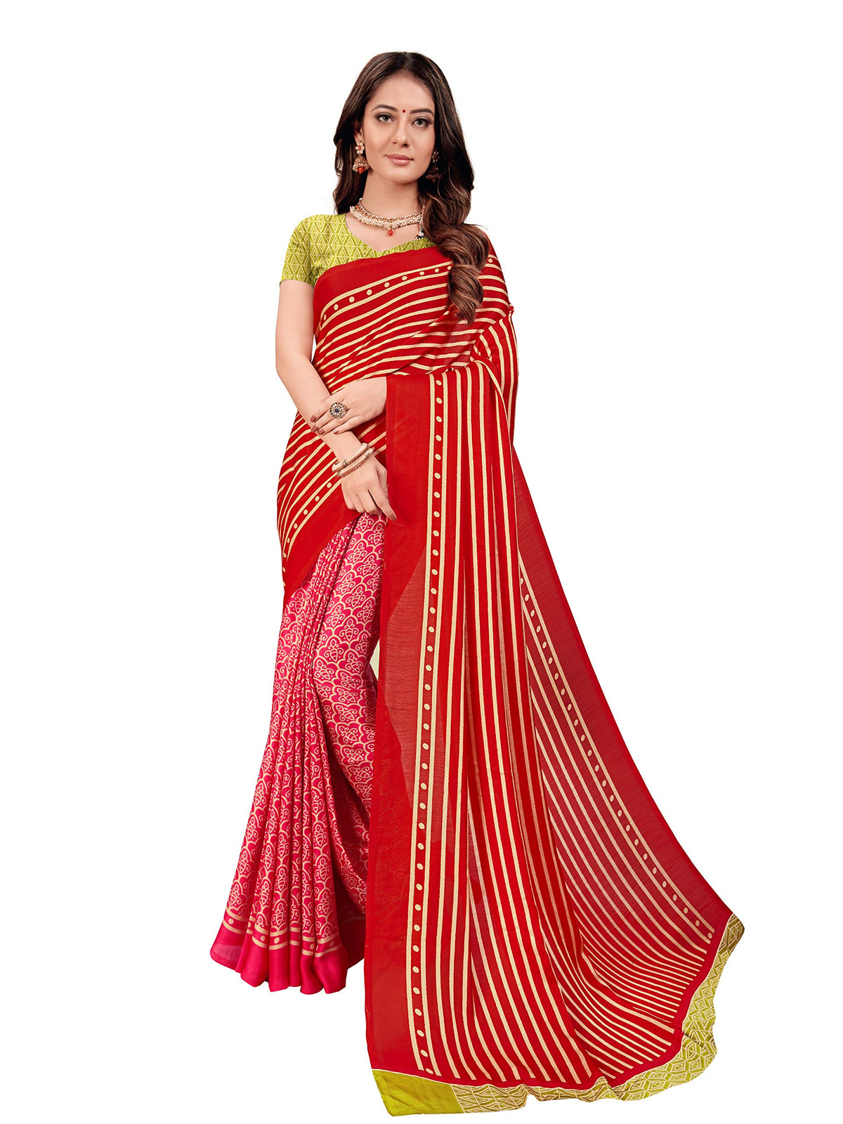 DRAVINAM Trends Women's Soft Printed Mul Mul Satin Saree with Blouse Piece (Red and Green)