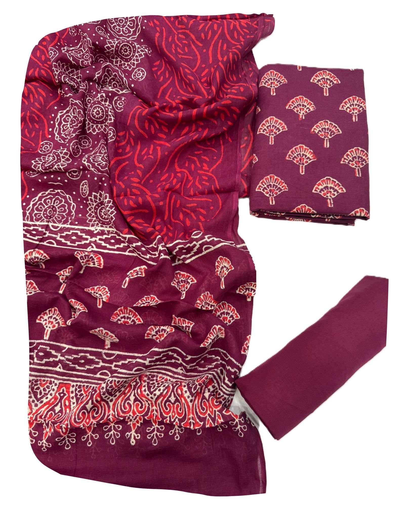 DRAVINAM Trends Hand Block Print Sanganeri Cambric Unstitched Cotton Suit Dress Material for Women with Mulmul Cotton Hand Printed Dupatta