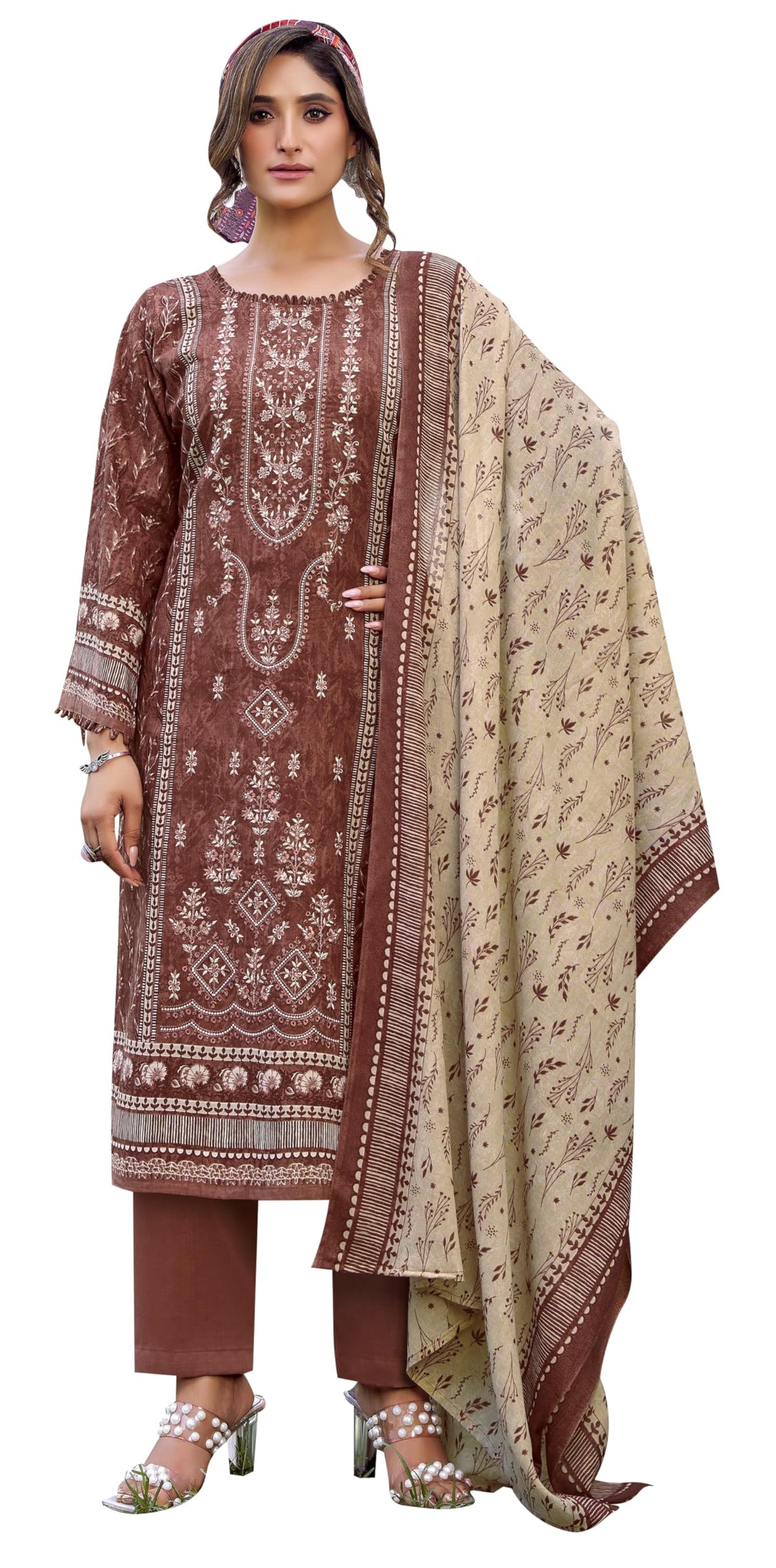 DRAVINAM Trends Unstitched Karachi Lawn Cotton Pakistani Digital Printed Embroidered Suit Dress Material with Unstitched Bottoms and Cotton Dupatta