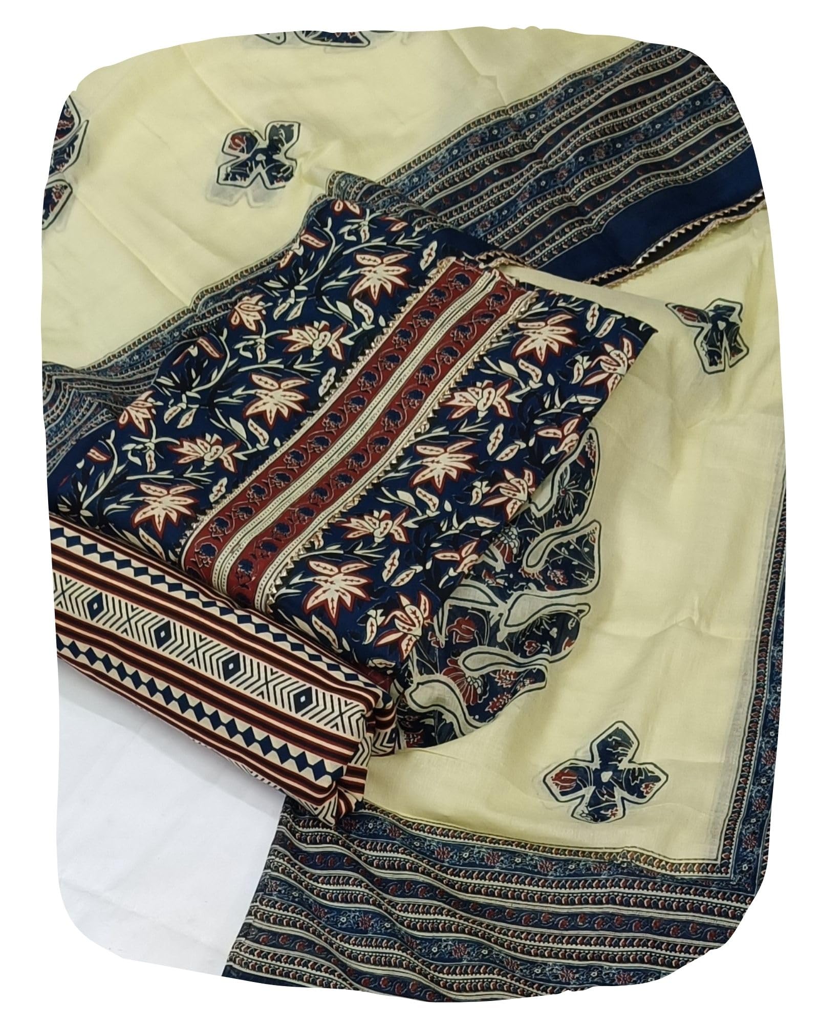 DRAVINAM Trends Women's Jaipuri Printed Embroidered and Hand Work Premium Cambric Cotton Unstitched Salwar Suit Dress Material with Mulmul Cotton Dupatta