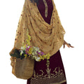 DRAVINAM Trends Women's Pure Tassar Silk Embroidered Palazzo Suit Pakistani Dress Material with Chinon Chiffon Heavy Embroidered and Cutwork Dupatta (Maroon and Golden Beige)
