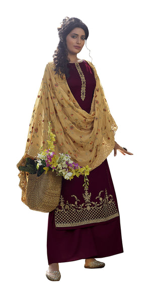 DRAVINAM Trends Women's Pure Tassar Silk Embroidered Palazzo Suit Pakistani Dress Material with Chinon Chiffon Heavy Embroidered and Cutwork Dupatta (Beige Grey and Peach)
