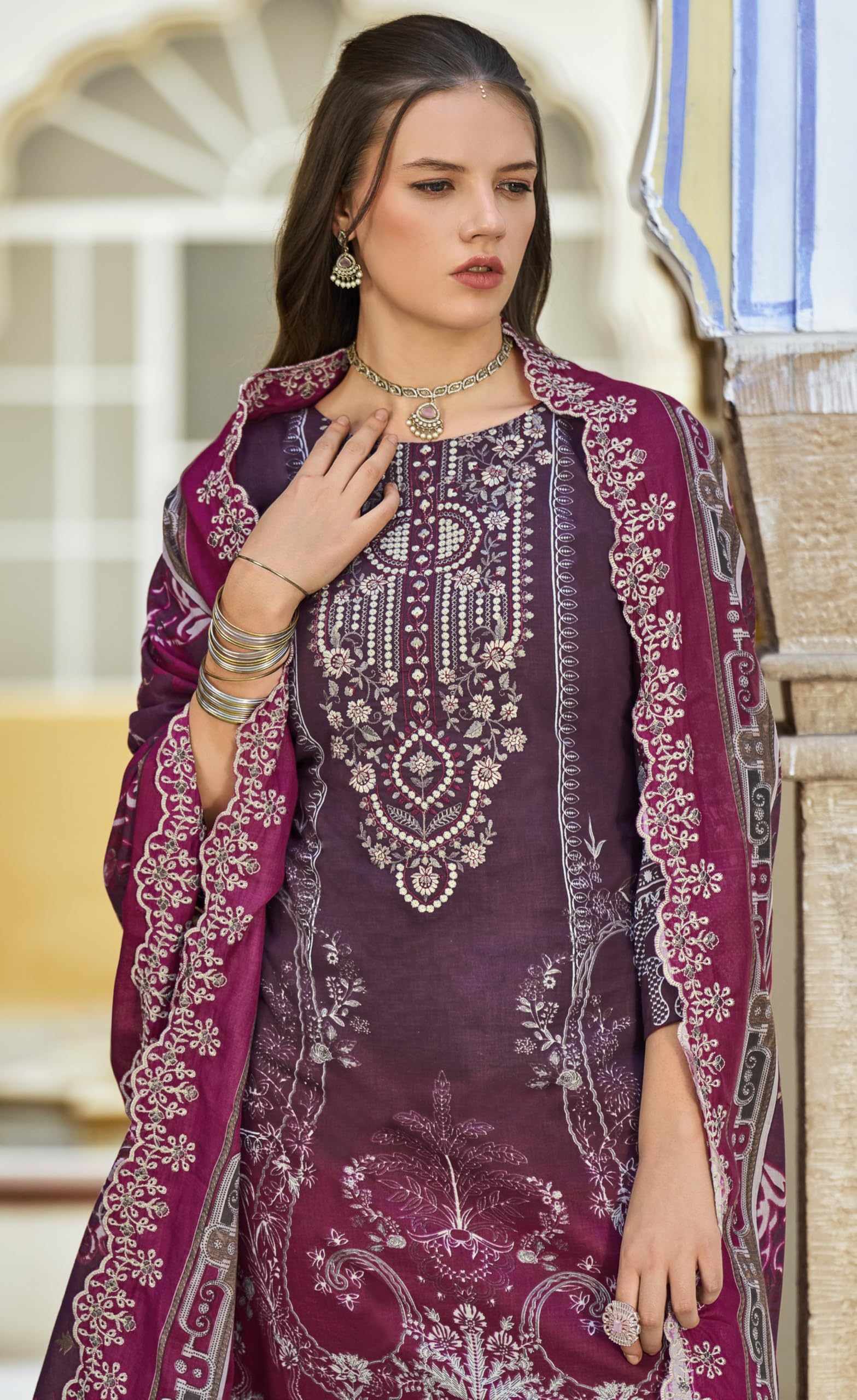 DRAVINAM Trends Women's Unstitched Pakistani Digital Print Embroidered Pure Cotton Salwar Suit Dress Materials with Cotton Embroidered Cutwork Dupatta