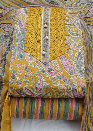 DRAVINAM Trends Women's Cambric Cotton Dress Material | Unstitch Kalamkari Printed Suit Set with Cotton Dupatta