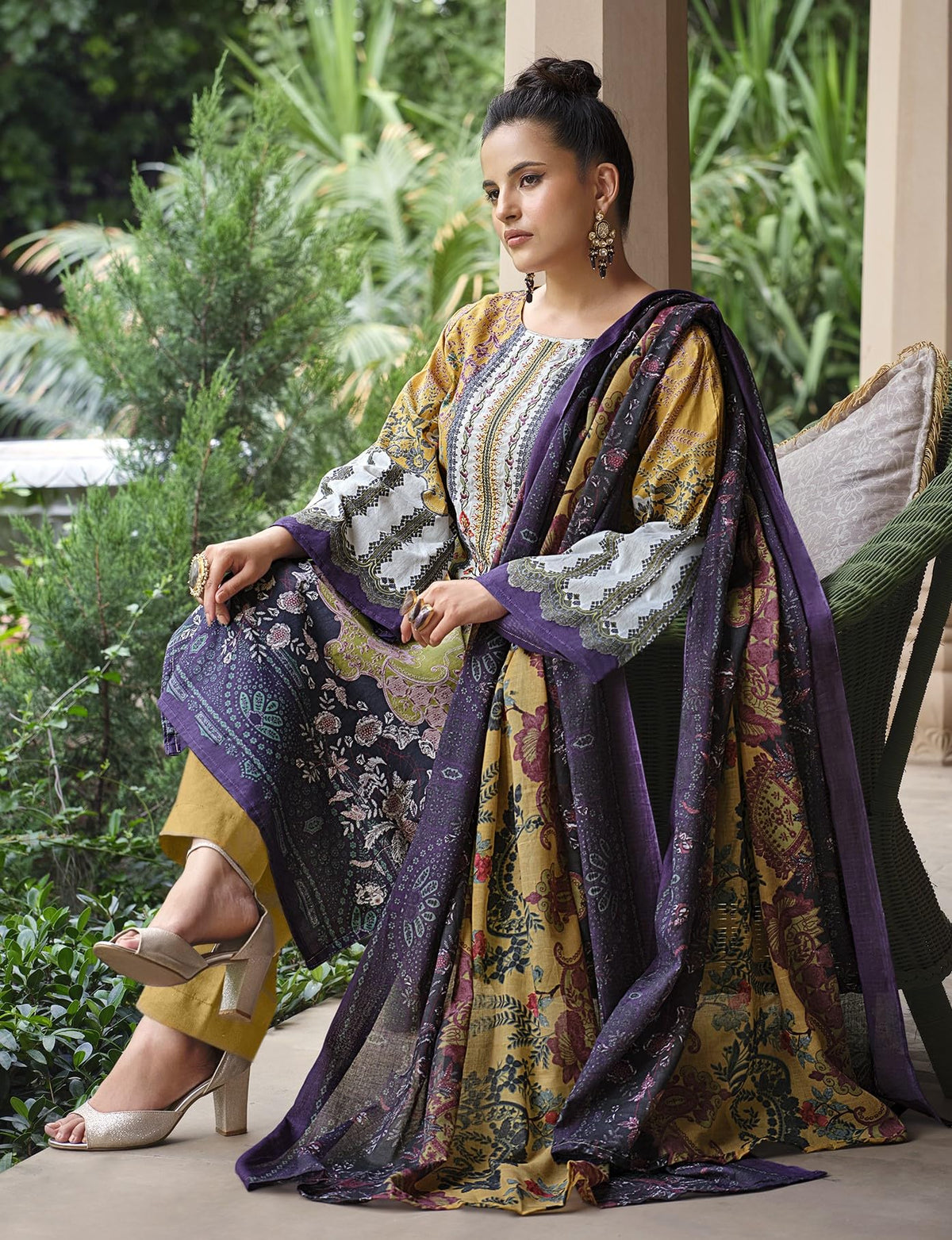 DRAVINAM Trends Unstitched Pakistani Print Embroidered Cotton Salwar Suit Dress Materials with Cotton Printed Dupatta (Beige)
