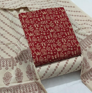 DRAVINAM Trends Women's Premium Cotton Unstitched Salwar Suit Dress Material Set | Traditional Rajasthani Gujari Block Print (Red & Mustard Yellow)