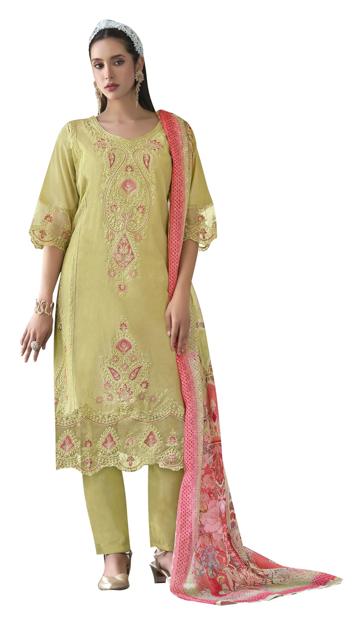 DRAVINAM Trends Women's Unstitched Lawn Cotton Karachi Embroidered Suit Material - Lawn Cotton Heavy Karachi Embroidered Shirt with Heavy Daman Work II Cotton Bottoms II Cotton Digital Printed Dupatta