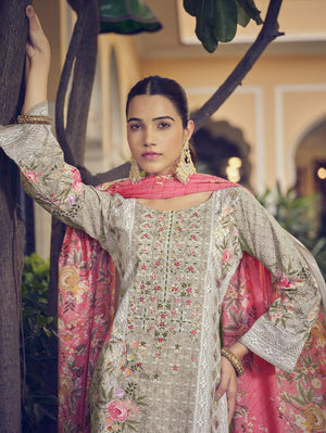 DRAVINAM Trends Unstitched Pakistani Print Embroidered Cotton Suit Dress Materials with Printed Cotton Dupatta