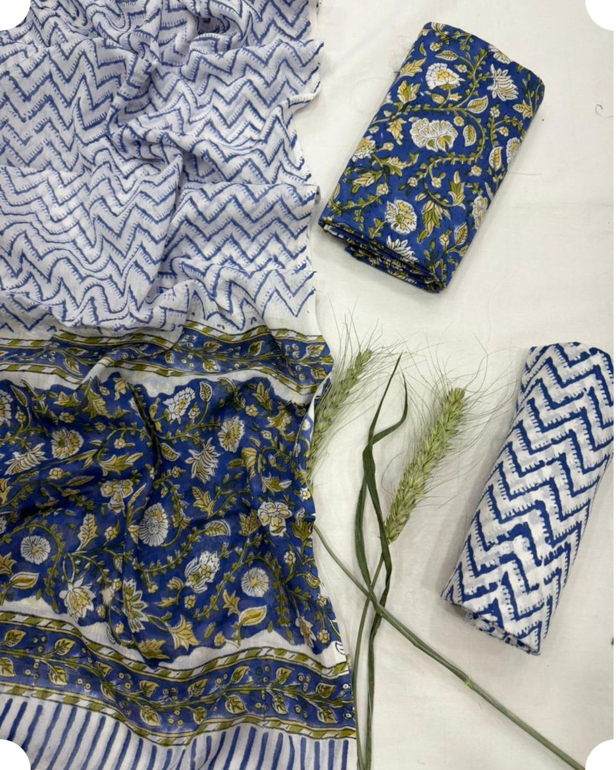 DRAVINAM Trends Hand Block Dabu Print Indigo Cambric Unstitched Cotton Suit Dress Material for Women with Mulmul Cotton Hand Printed Dupatta