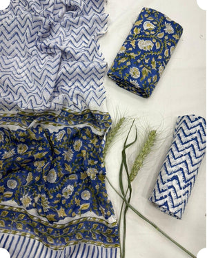 DRAVINAM Trends Hand Block Dabu Print Indigo Cambric Unstitched Cotton Suit Dress Material for Women with Mulmul Cotton Hand Printed Dupatta