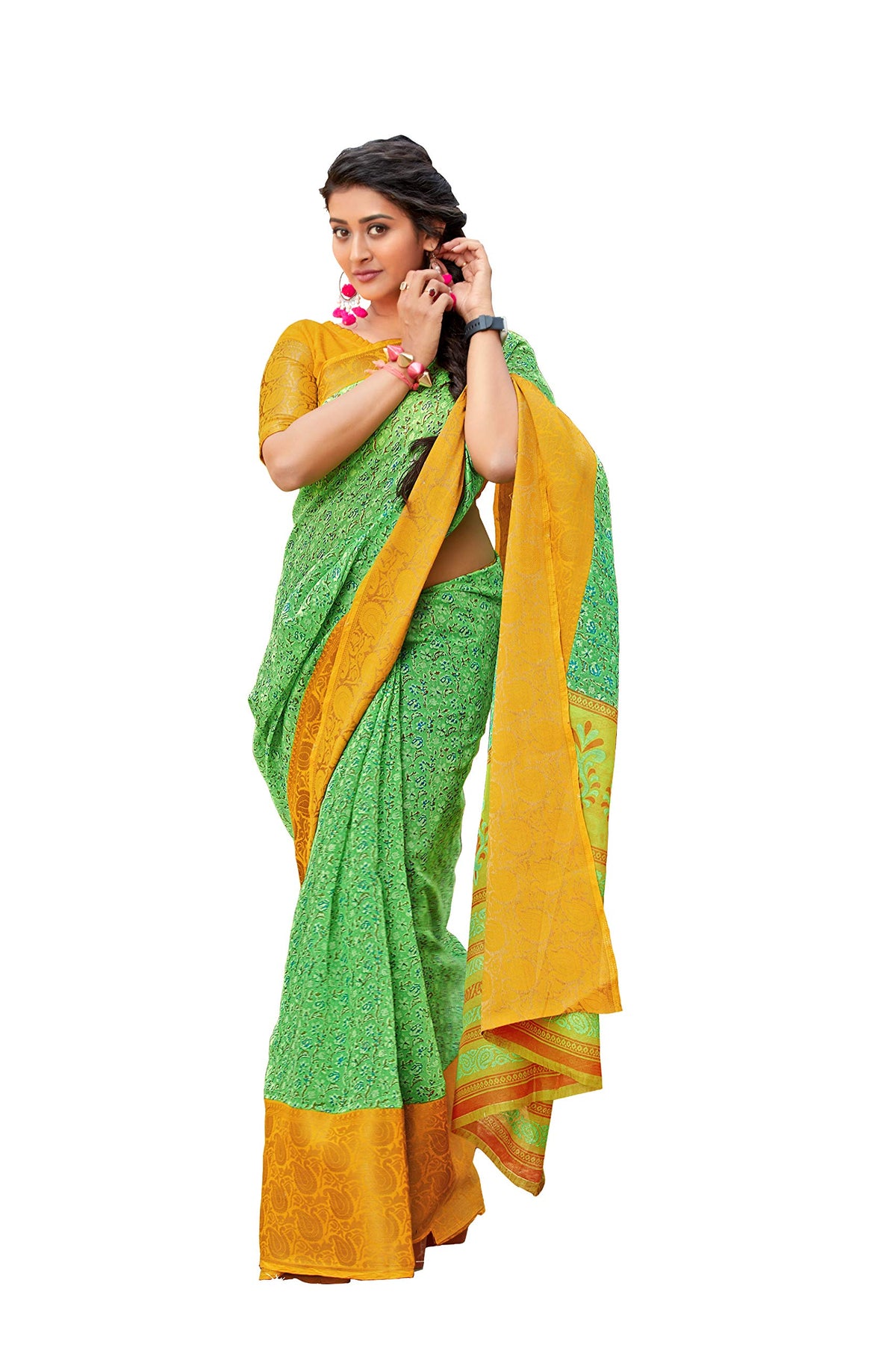 DRAVINAM Trends Women's Cotton Linen Jacquard Woven Broad Border Pattu Saree with Blouse Piece (Pattu SareeSRMN_43_Green and yellow)