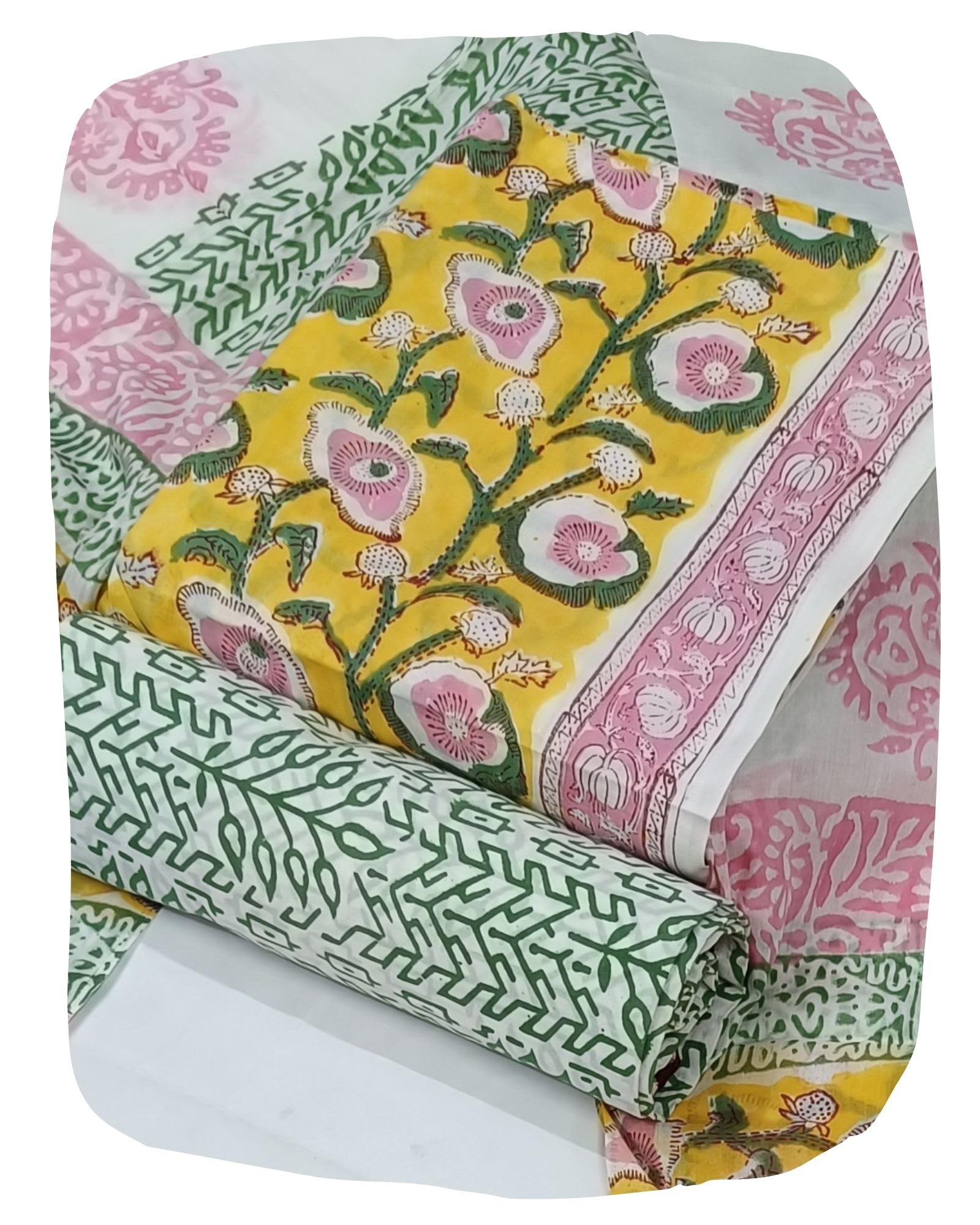 DRAVINAM Trends Hand Block Print Sanganeri Cambric Unstitched Cotton Suit Dress Material for Women with Mulmul Cotton Hand Printed Dupatta