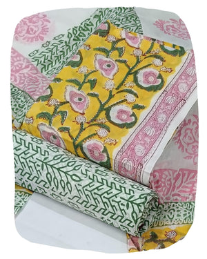 DRAVINAM Trends Hand Block Print Sanganeri Cambric Unstitched Cotton Suit Dress Material for Women with Mulmul Cotton Hand Printed Dupatta